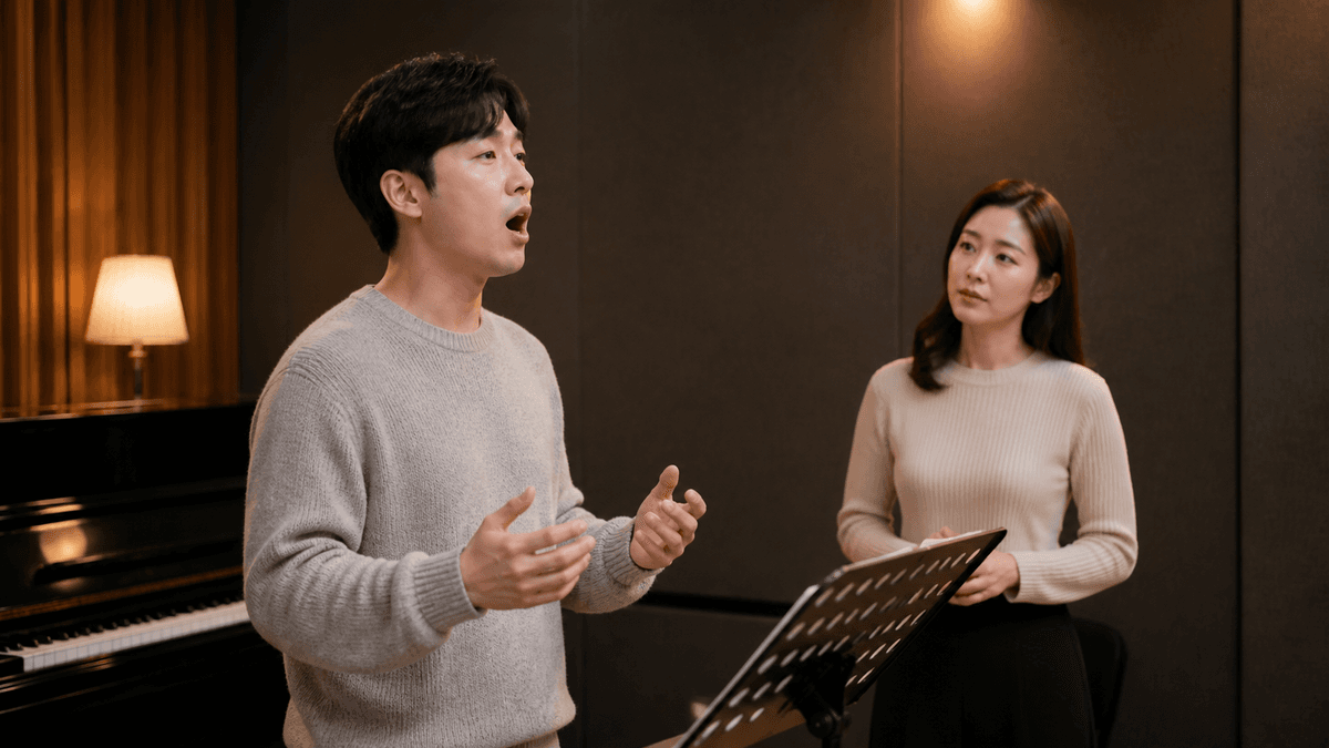 한국인 성인 수강생이 힘 있는 한 구절을 노래하고 강사가 몸통 자세를 살피는 장면