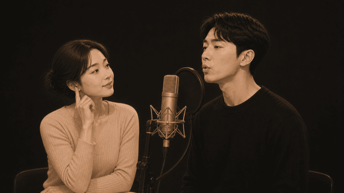 마이크 앞에서 작고 단단한 소리를 내며 강사의 시범을 듣는 한국인 성인 수강생