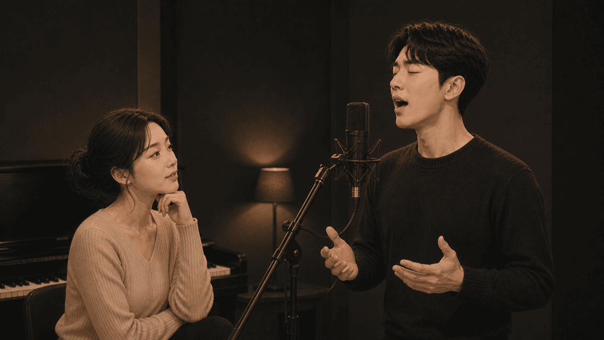 강사의 소리 시범을 듣고 같은 음을 따라 부르는 한국인 성인 수강생