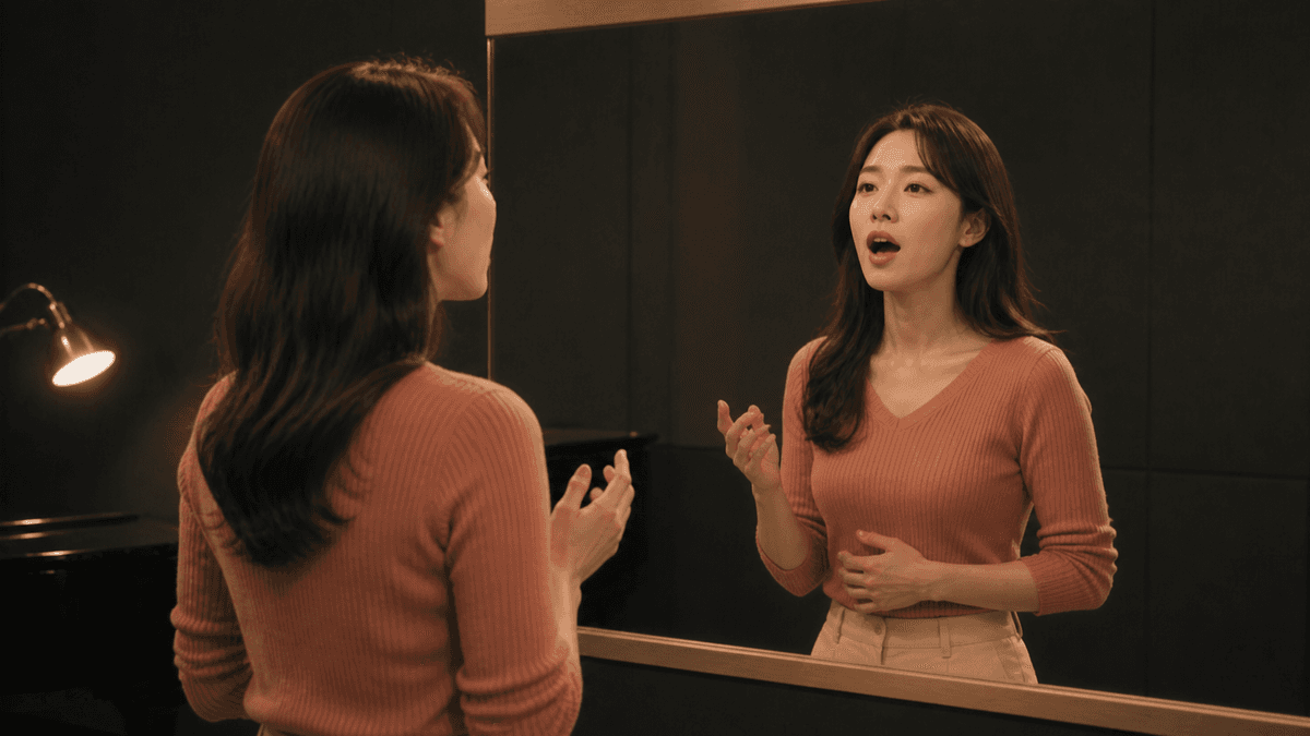 거울 앞에서 입 모양을 바꾸며 노래하는 한국인 성인 수강생
