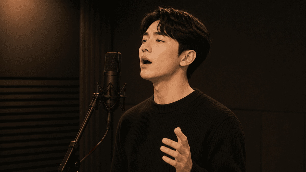 마이크 앞에서 작고 또렷한 소리로 노래하는 한국인 성인 수강생