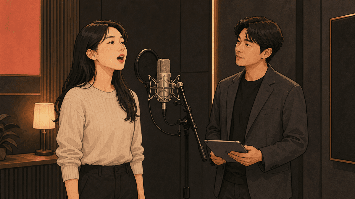 세련된 보컬 스튜디오에서 한국인 성인 수강생과 강사가 진행하는 성대근 연습 일러스트