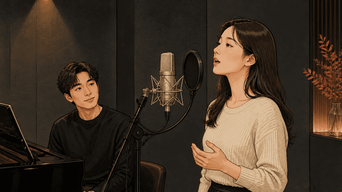 세련된 보컬 스튜디오에서 한국인 성인 수강생과 강사가 진행하는 덮인 소리 연습 일러스트