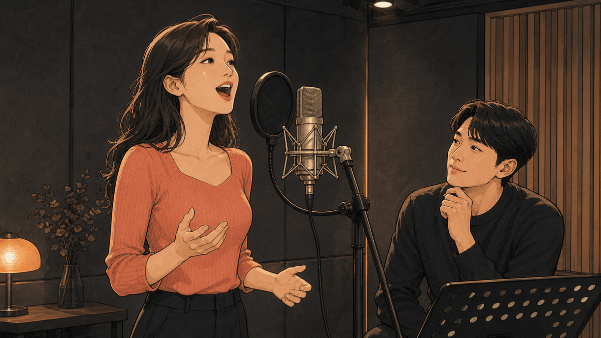 세련된 보컬 스튜디오에서 한국인 성인 수강생과 강사가 진행하는 트왕 연습 일러스트