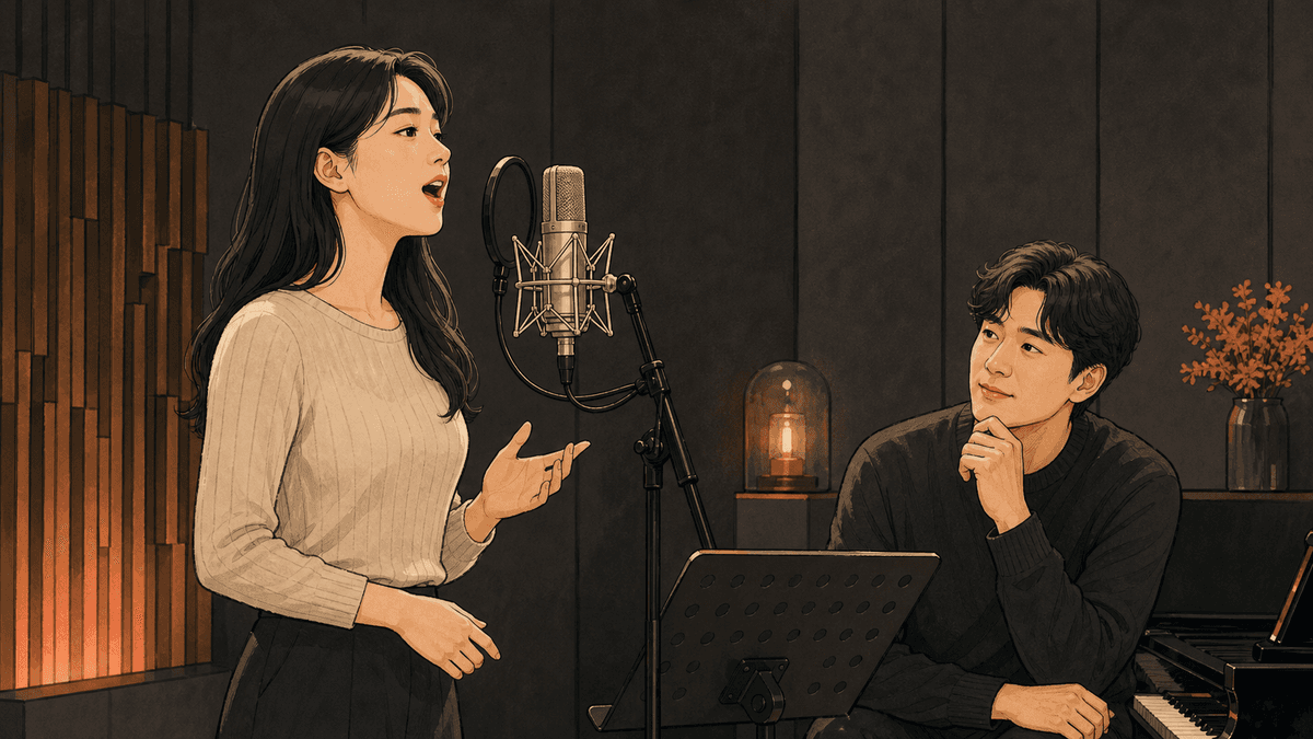 세련된 보컬 스튜디오에서 한국인 성인 수강생과 강사가 진행하는 링 연습 일러스트