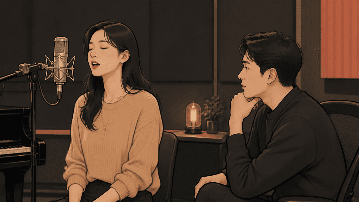 세련된 보컬 스튜디오에서 한국인 성인 수강생과 강사가 진행하는 허스키 보이스 연습 일러스트