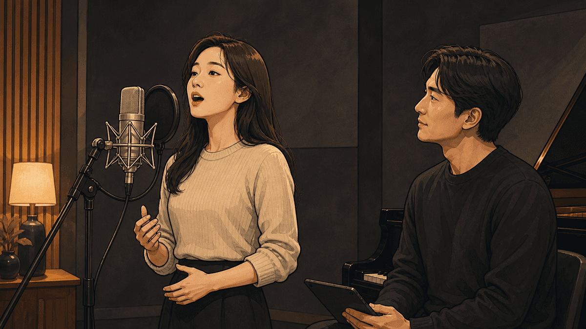 세련된 보컬 스튜디오에서 한국인 성인 수강생과 강사가 진행하는 단단한 소리 연습 일러스트