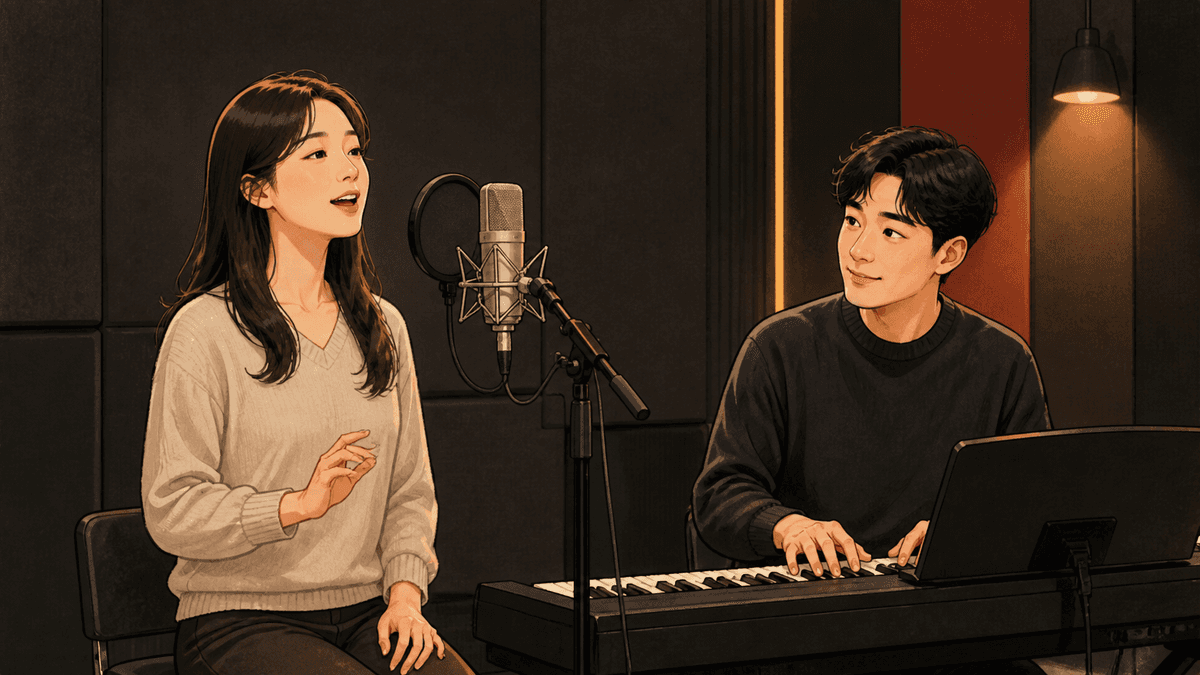 세련된 보컬 스튜디오에서 한국인 성인 수강생과 강사가 진행하는 가벼운 소리 연습 일러스트