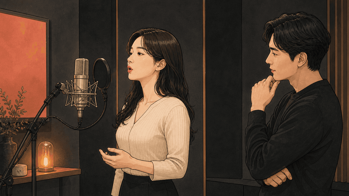 세련된 보컬 스튜디오에서 한국인 성인 수강생과 강사가 진행하는 얇은 소리 연습 일러스트