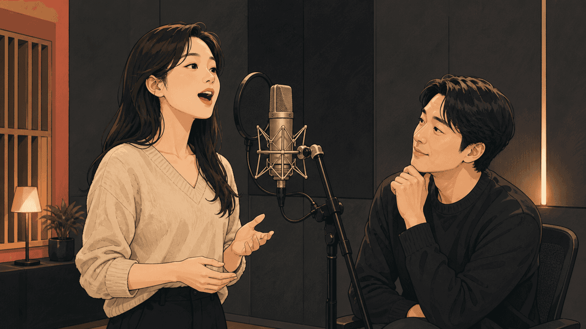 세련된 보컬 스튜디오에서 한국인 성인 수강생과 강사가 진행하는 맑은 소리 연습 일러스트