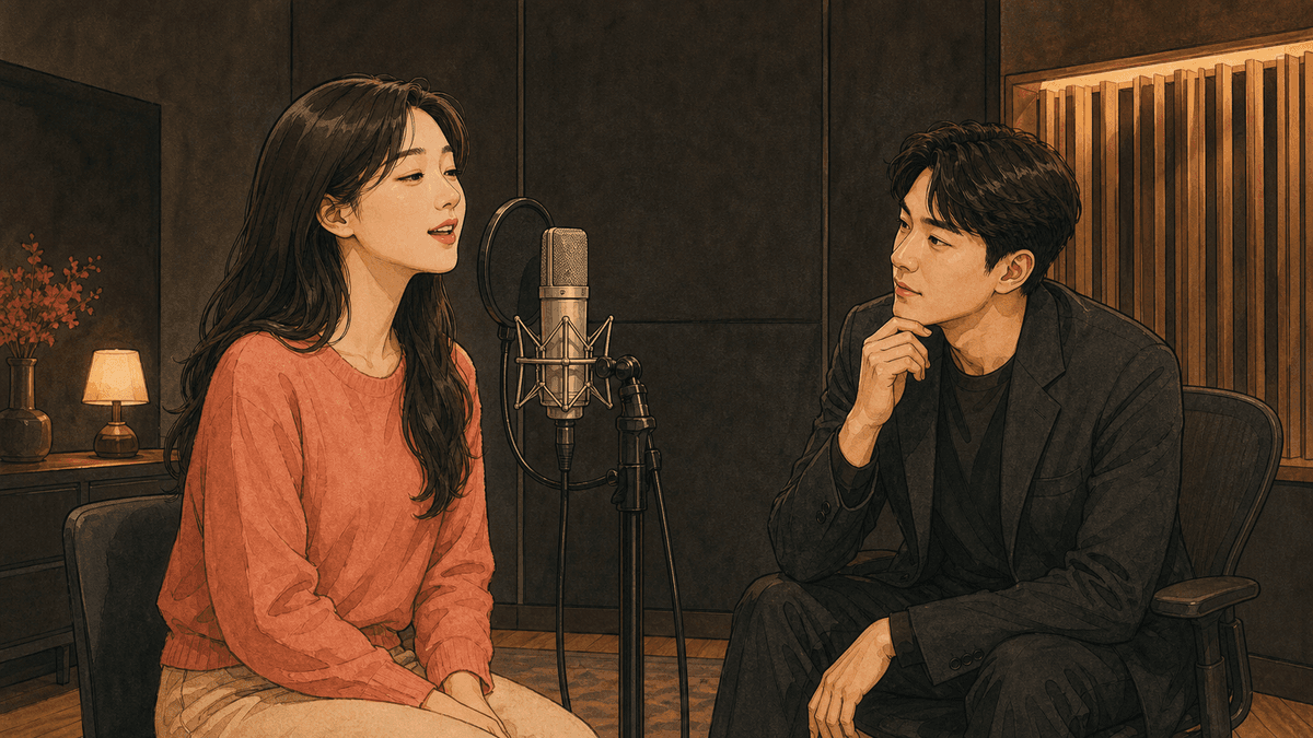 세련된 보컬 스튜디오에서 한국인 성인 수강생과 강사가 진행하는 숨 새는 소리 연습 일러스트