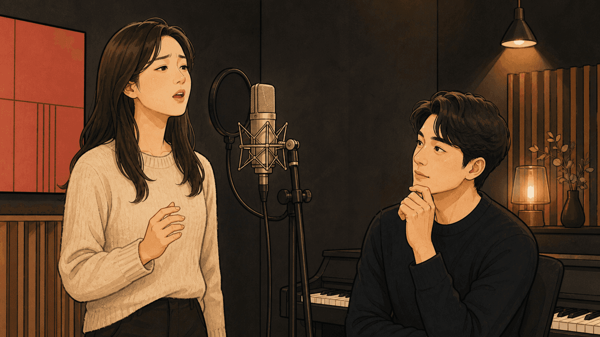 세련된 보컬 스튜디오에서 한국인 성인 수강생과 강사가 진행하는 소리가 흔들린다 연습 일러스트