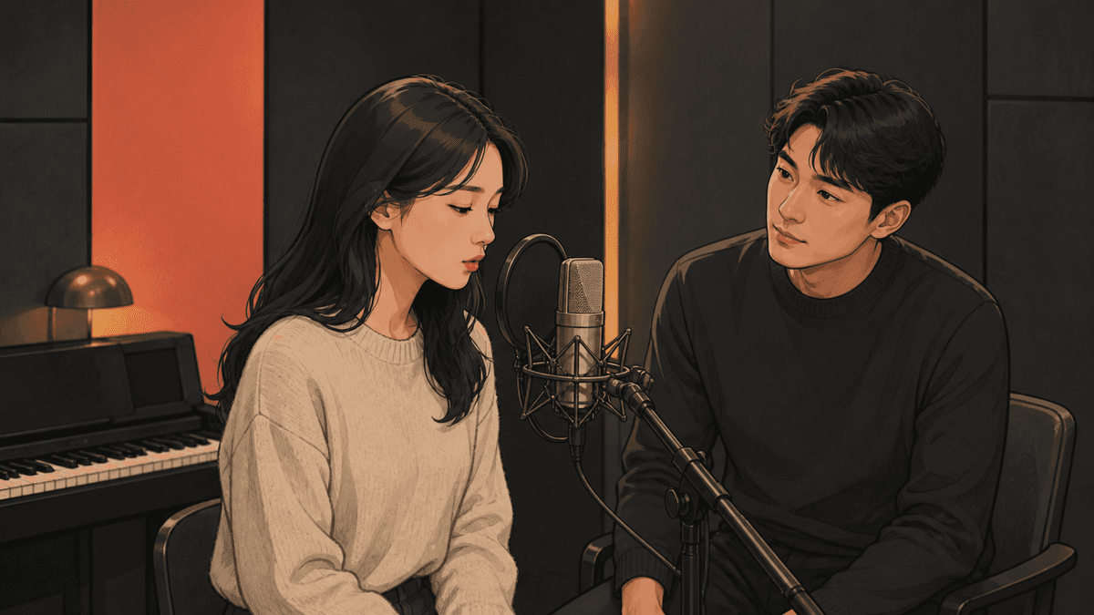 세련된 보컬 스튜디오에서 한국인 성인 수강생과 강사가 진행하는 소리가 먹힌다 연습 일러스트