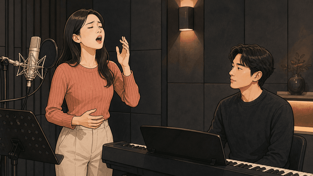 세련된 보컬 스튜디오에서 한국인 성인 수강생과 강사가 진행하는 소리가 안 뚫린다 연습 일러스트