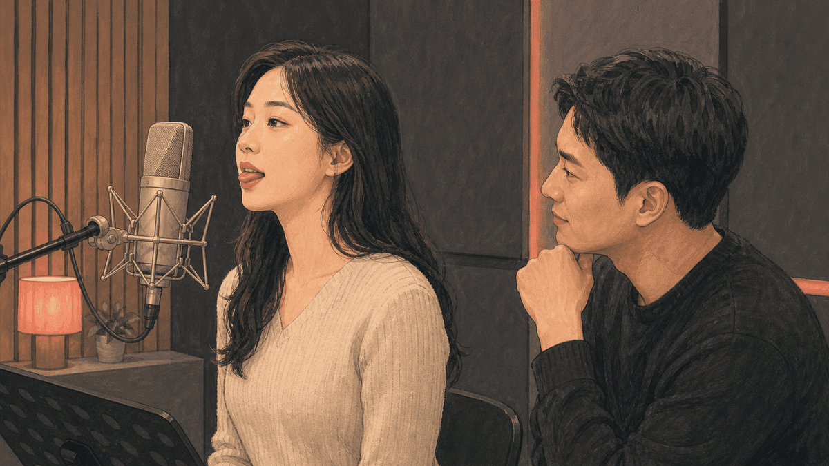 세련된 보컬 스튜디오에서 한국인 성인 수강생과 강사가 진행하는 텅트릴 연습 일러스트