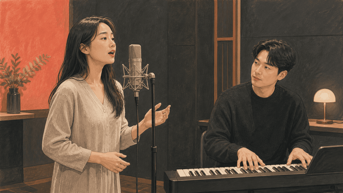 세련된 보컬 스튜디오에서 한국인 성인 수강생과 강사가 진행하는 글라이드 연습 일러스트