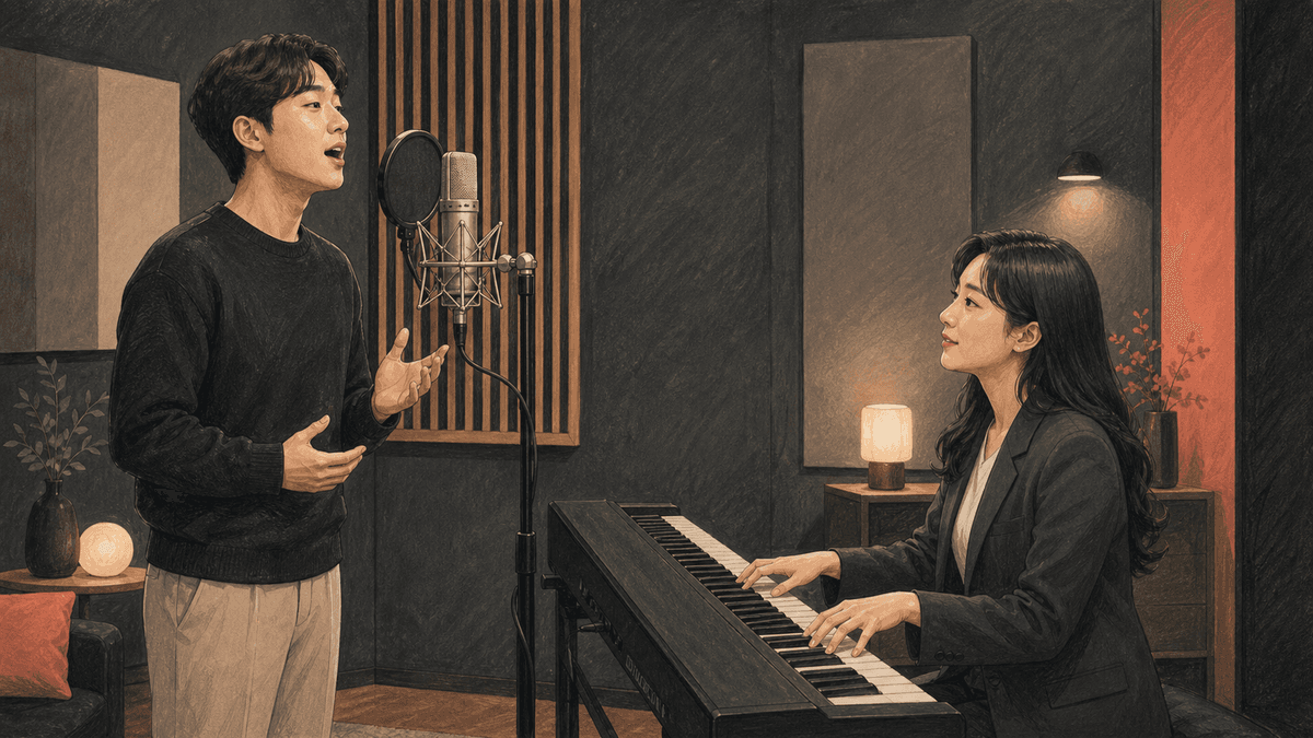 세련된 보컬 스튜디오에서 한국인 성인 수강생과 강사가 진행하는 아르페지오 연습 일러스트