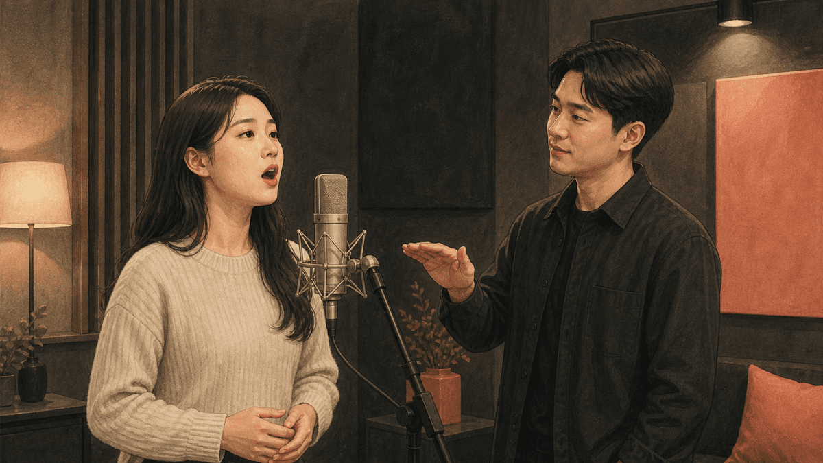 세련된 보컬 스튜디오에서 한국인 성인 수강생과 강사가 진행하는 트레몰로 연습 일러스트