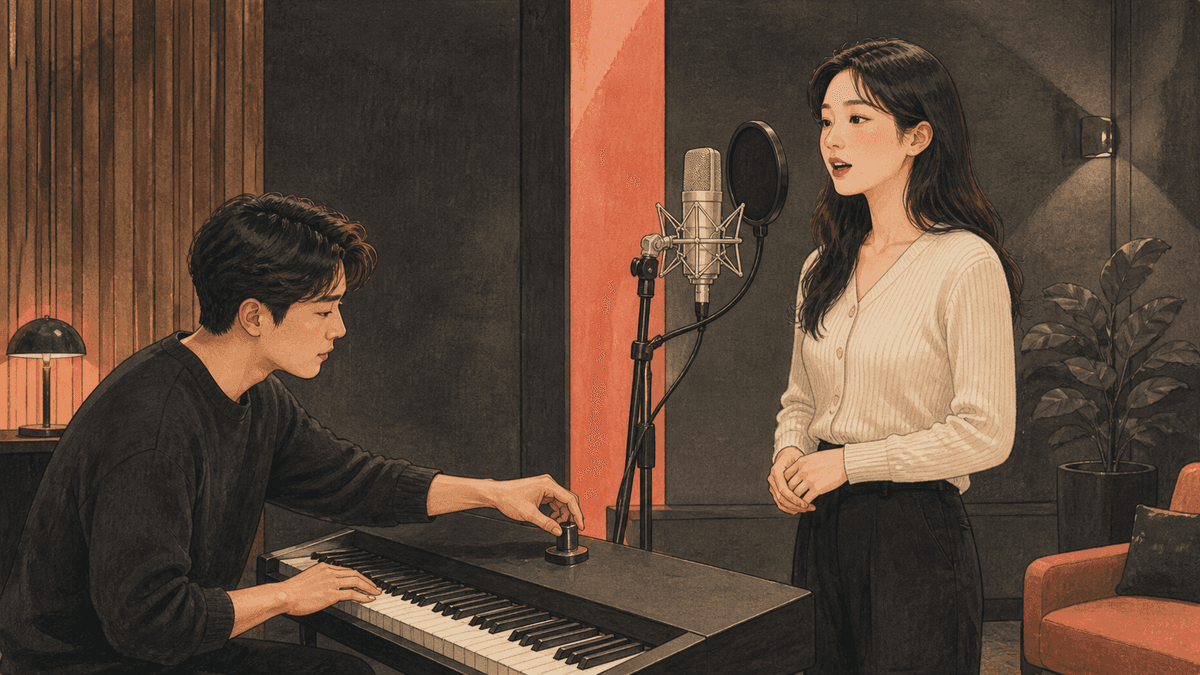 세련된 보컬 스튜디오에서 한국인 성인 수강생과 강사가 진행하는 키 체인지 연습 일러스트