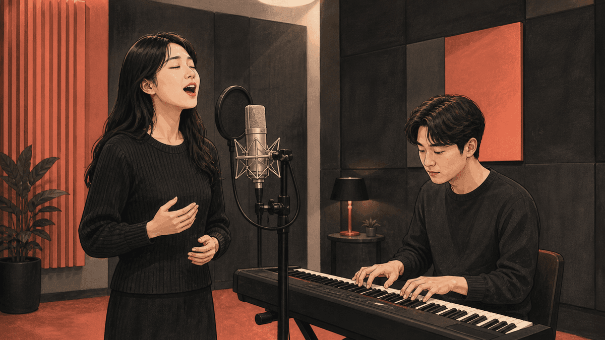 세련된 보컬 스튜디오에서 한국인 성인 수강생과 강사가 진행하는 멜리스마 연습 일러스트