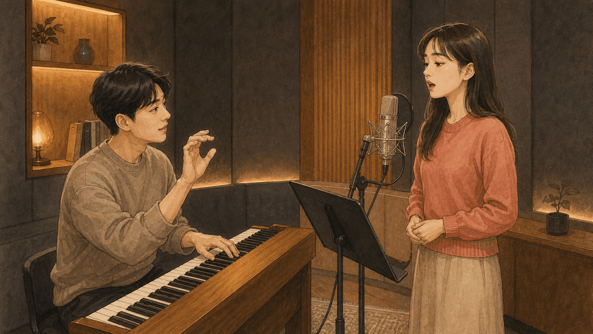 세련된 보컬 스튜디오에서 한국인 성인 수강생과 강사가 진행하는 꾸밈음 연습 일러스트