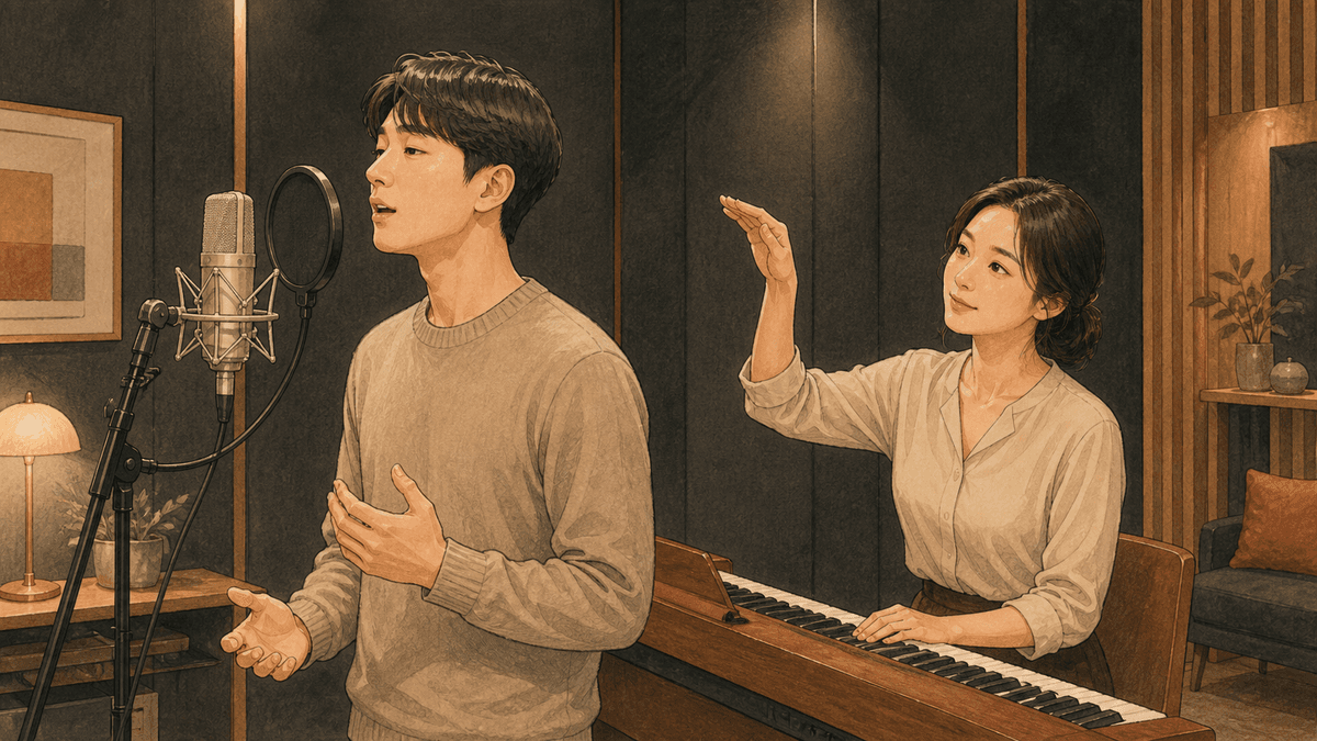 세련된 보컬 스튜디오에서 한국인 성인 수강생과 강사가 진행하는 포르타멘토 연습 일러스트