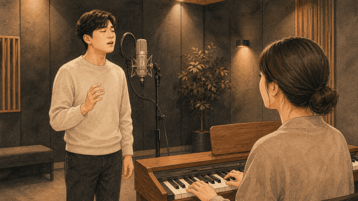 세련된 보컬 스튜디오에서 한국인 성인 수강생과 강사가 진행하는 벤딩 연습 일러스트