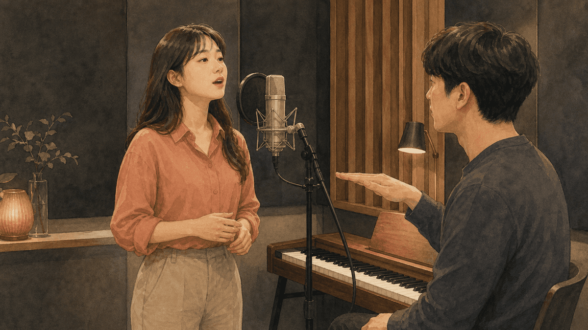 세련된 보컬 스튜디오에서 한국인 성인 수강생과 강사가 진행하는 스쿱 연습 일러스트