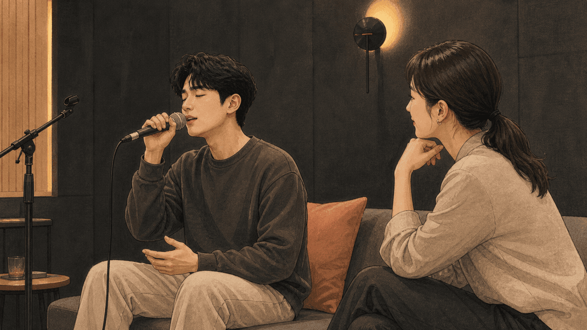 세련된 보컬 스튜디오에서 한국인 성인 수강생과 강사가 진행하는 디스토션 연습 일러스트