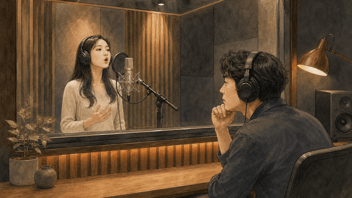 세련된 보컬 스튜디오에서 한국인 성인 수강생과 강사가 진행하는 파형 연습 일러스트