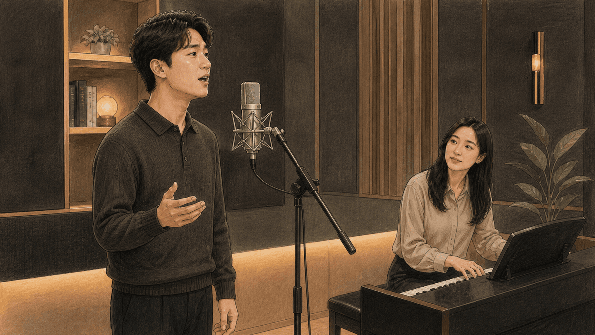 세련된 보컬 스튜디오에서 한국인 성인 수강생과 강사가 진행하는 싱어스 포먼트 연습 일러스트