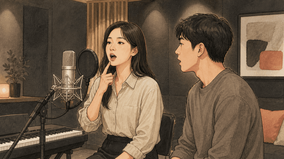 세련된 보컬 스튜디오에서 한국인 성인 수강생과 강사가 진행하는 음원-필터 이론 연습 일러스트