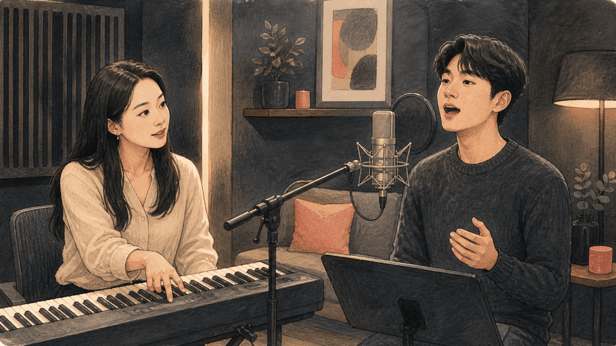 세련된 보컬 스튜디오에서 한국인 성인 수강생과 강사가 진행하는 조옮김 연습 일러스트