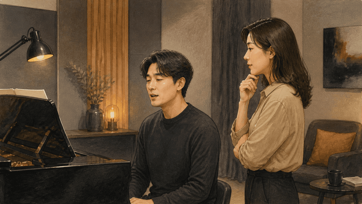 세련된 보컬 스튜디오에서 한국인 성인 수강생과 강사가 진행하는 저음 연습 일러스트