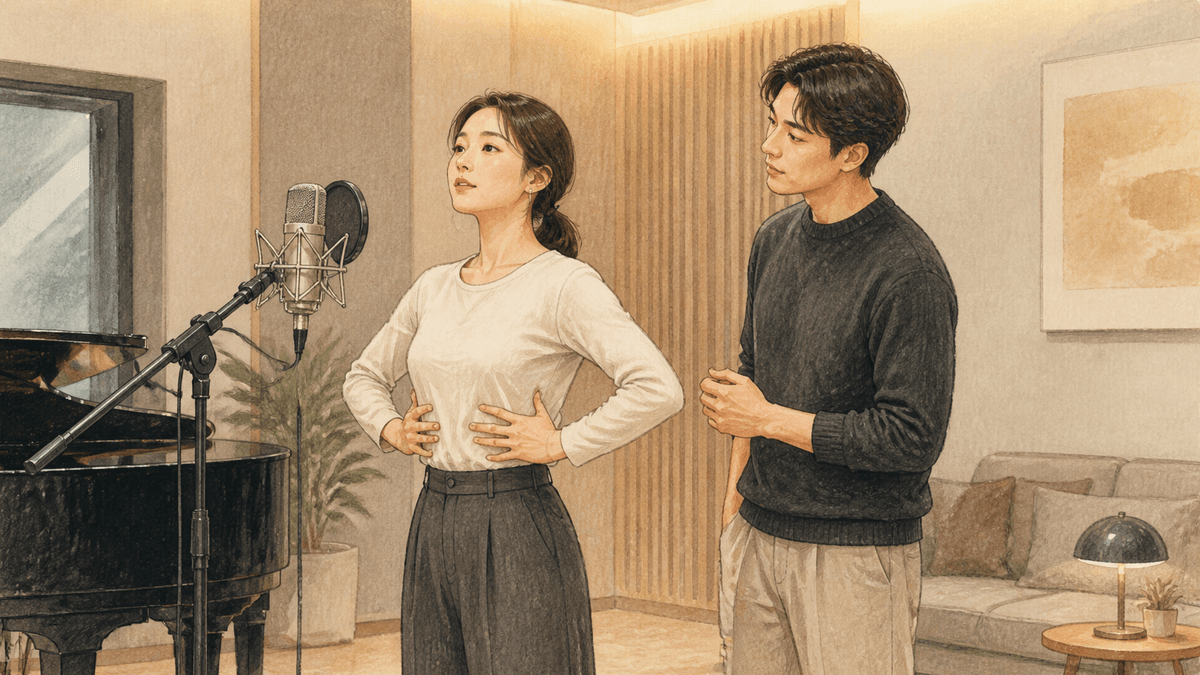 세련된 보컬 스튜디오에서 한국인 성인 수강생과 강사가 진행하는 흉곽호흡 연습 일러스트