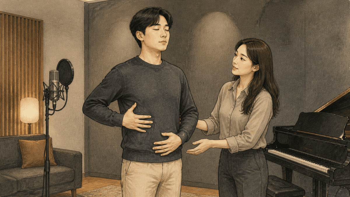 세련된 보컬 스튜디오에서 한국인 성인 수강생과 강사가 진행하는 흉복식호흡 연습 일러스트
