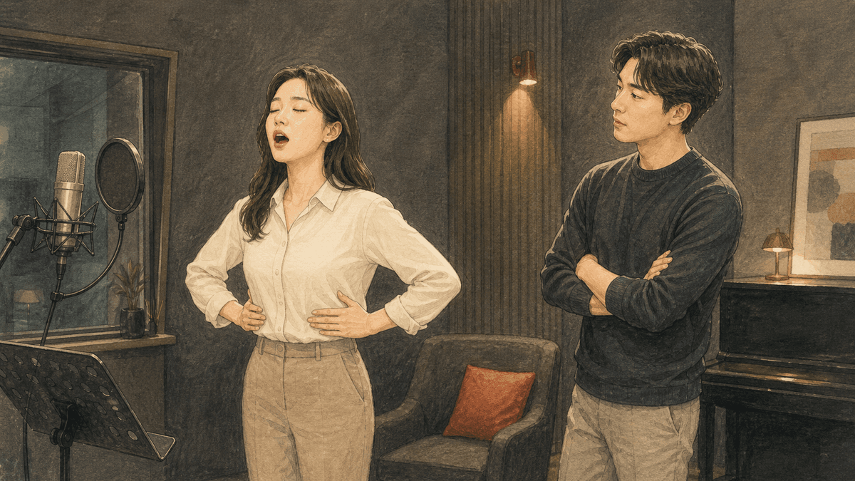 세련된 보컬 스튜디오에서 한국인 성인 수강생과 강사가 진행하는 흉곽 닫기 연습 일러스트
