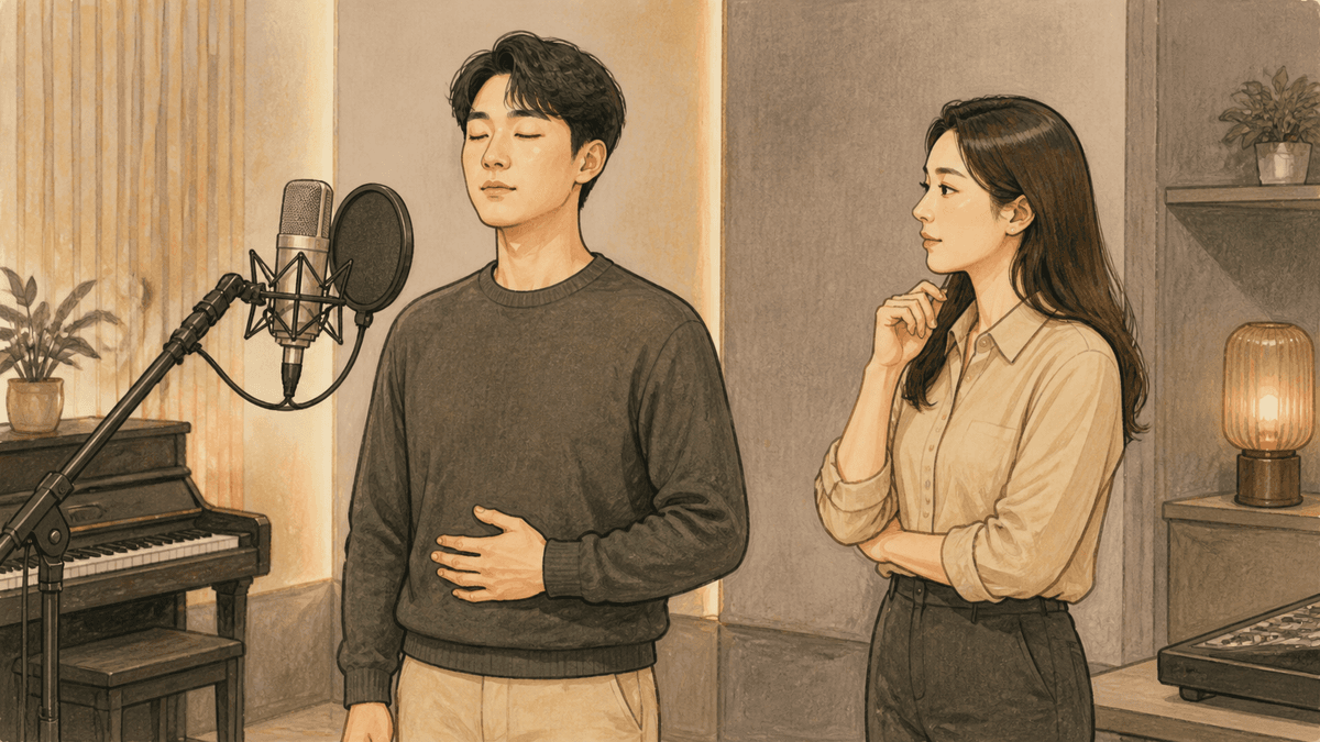 세련된 보컬 스튜디오에서 한국인 성인 수강생과 강사가 진행하는 횡격막 호흡 연습 일러스트