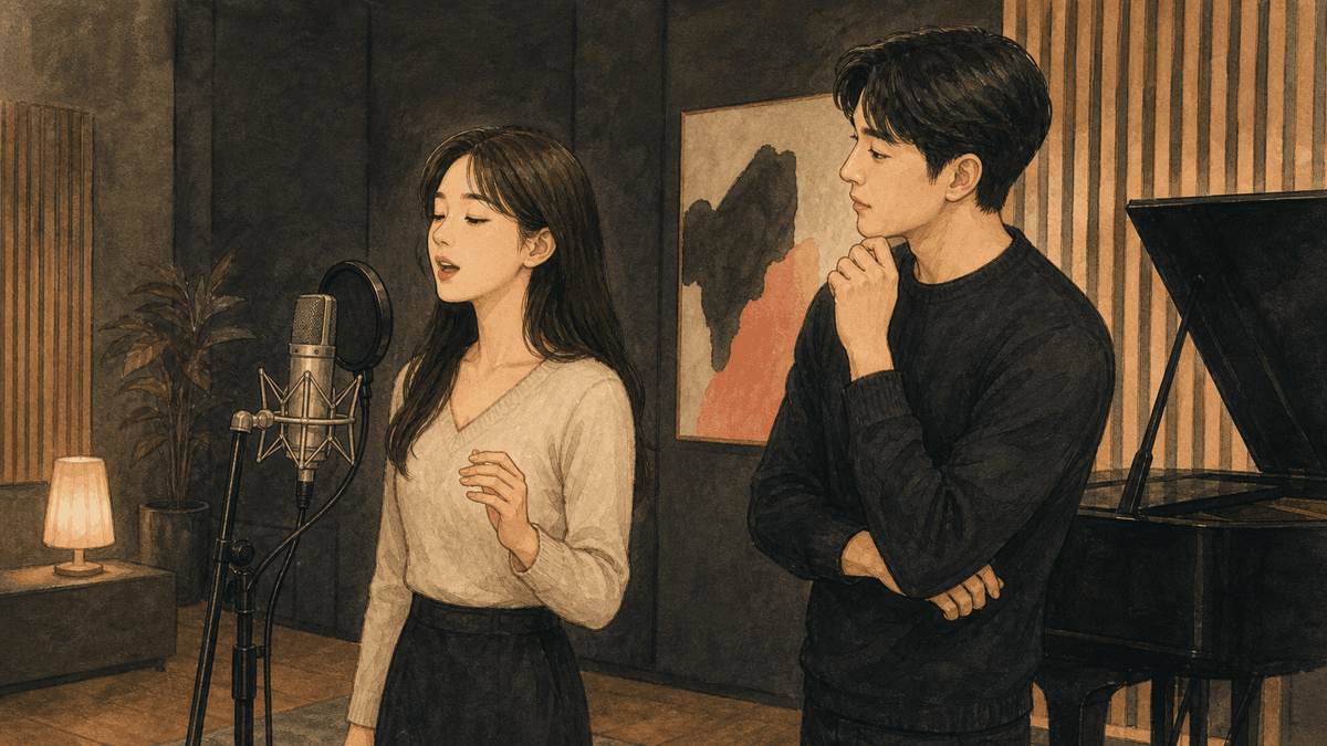 세련된 보컬 스튜디오에서 한국인 성인 수강생과 강사가 진행하는 호흡보조근 연습 일러스트
