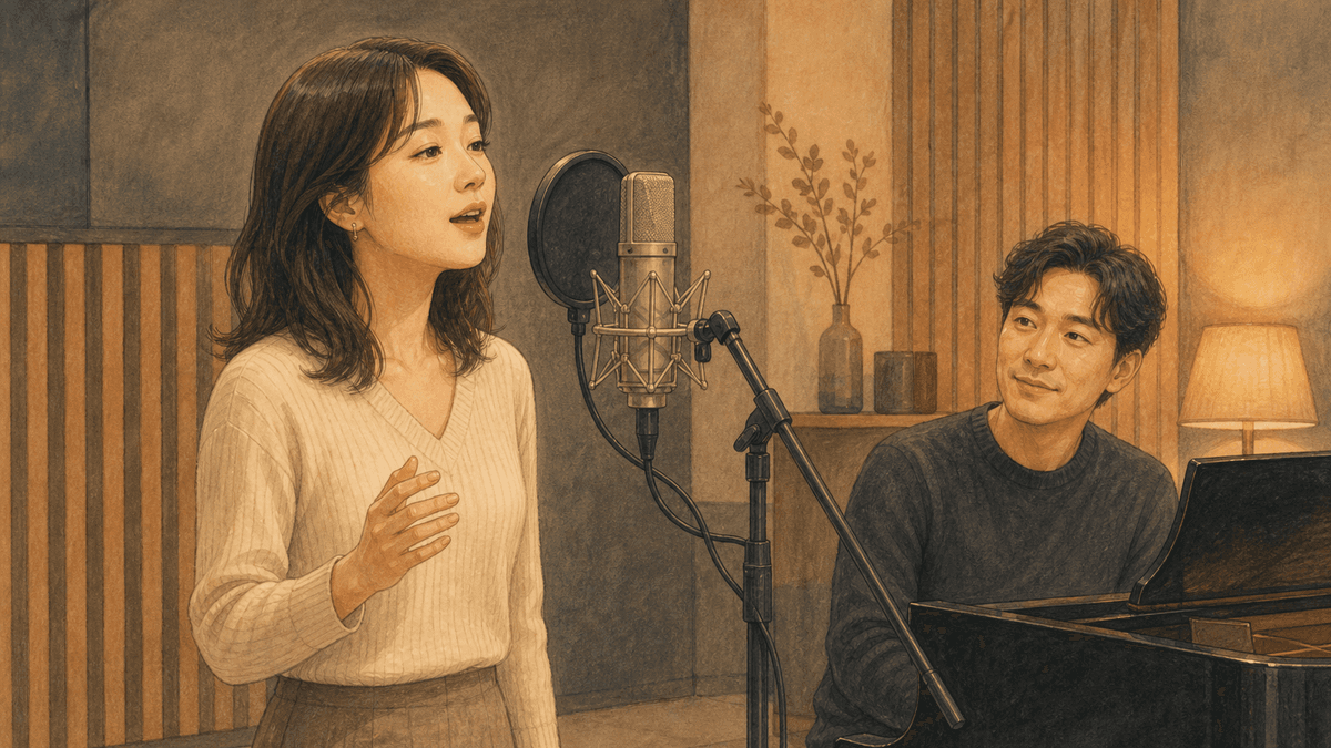 세련된 보컬 스튜디오에서 한국인 성인 수강생과 강사가 진행하는 미성 연습 일러스트
