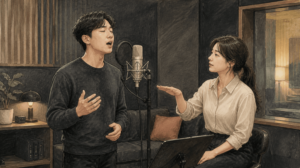 세련된 보컬 스튜디오에서 한국인 성인 수강생과 강사가 진행하는 쌩목 연습 일러스트