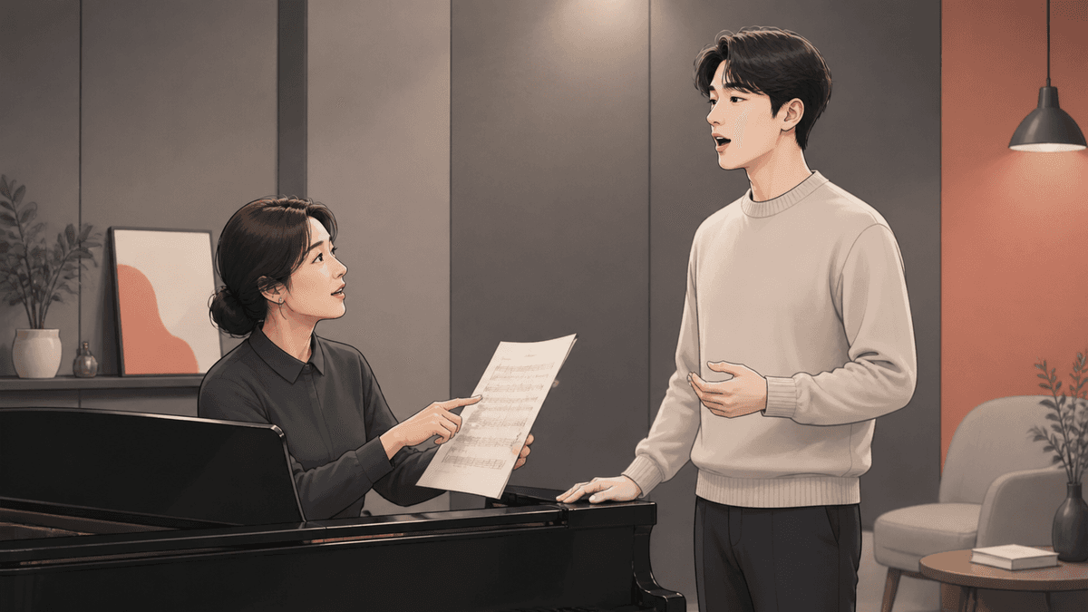 세련된 보컬 스튜디오에서 한국인 성인 수강생과 강사가 진행하는 성종 연습 일러스트