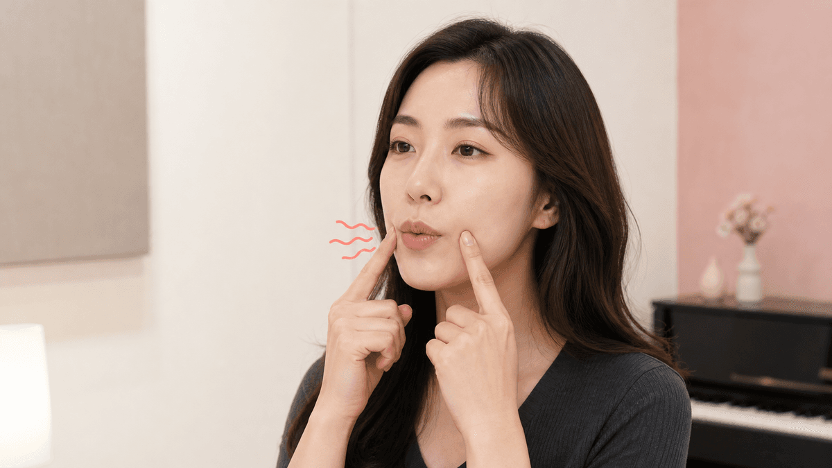 편한 자세로 입술을 가볍게 떨며 립트릴을 연습하는 사람