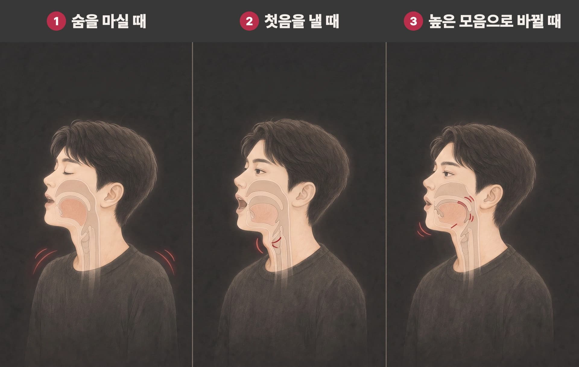 숨을 마실 때, 첫음을 낼 때와 높은 모음으로 바꿀 때의 목조임 확인 그림