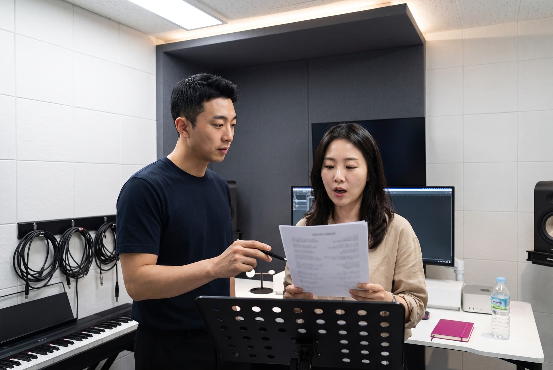 남자가 펜으로 악보를 가리키고 여자가 악보를 보며 노래한다.