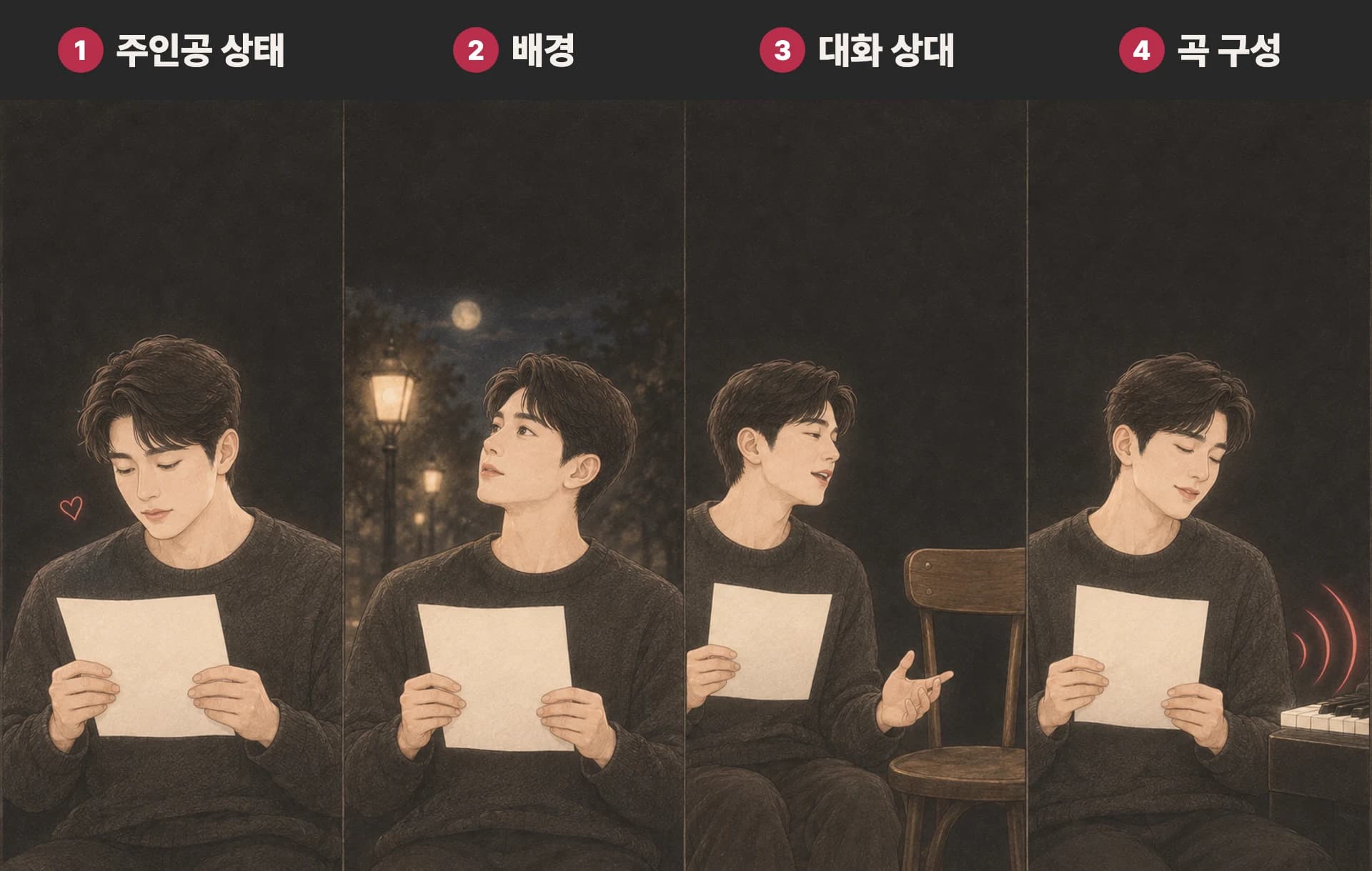 종이를 든 남자가 주인공 상태, 배경, 대화 상대, 곡 구성에 따라 다양한 감정을 표현한다.