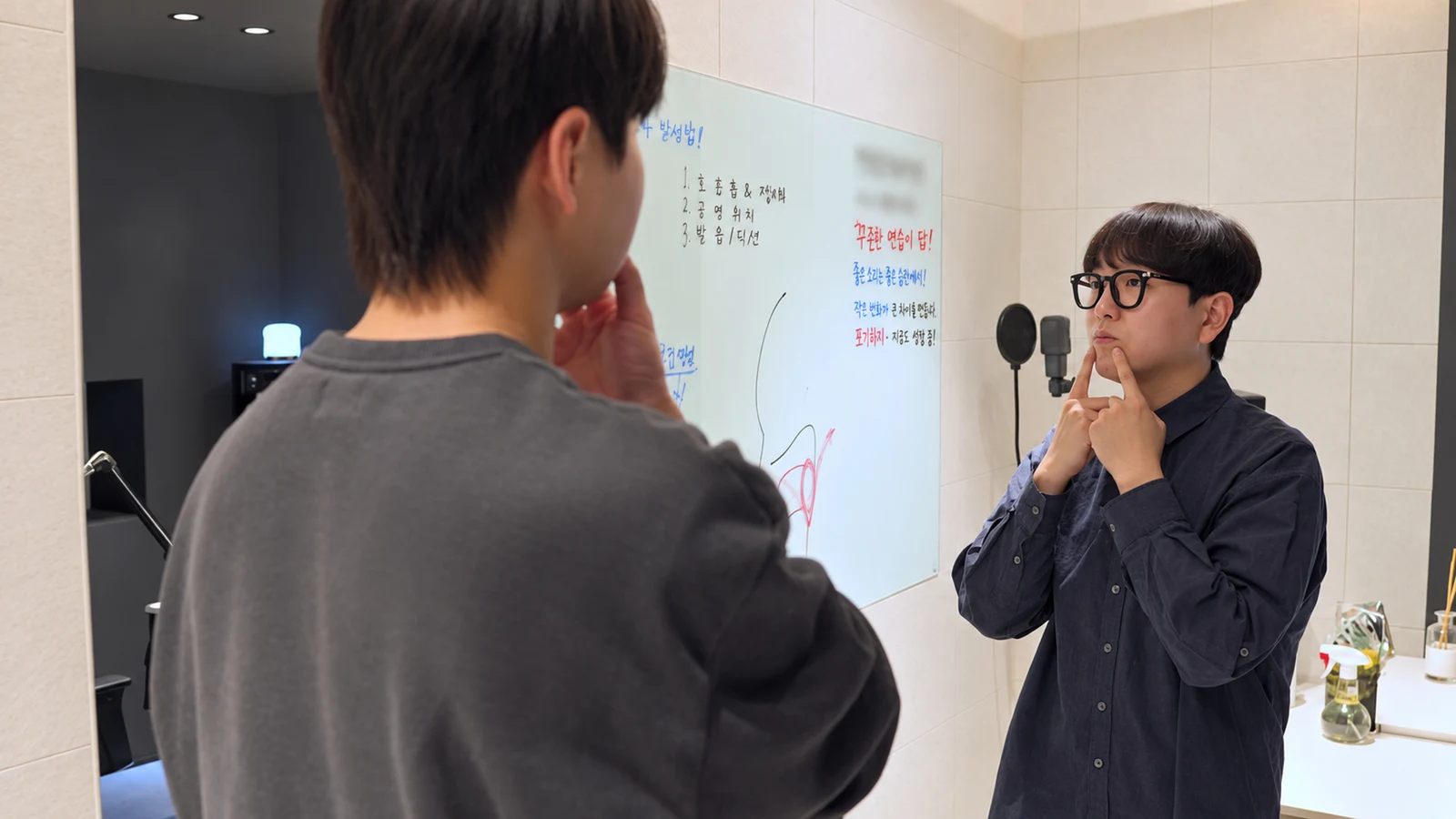 1:1 개인 보컬 레슨을 지도하는 강사와 수강생의 모습
