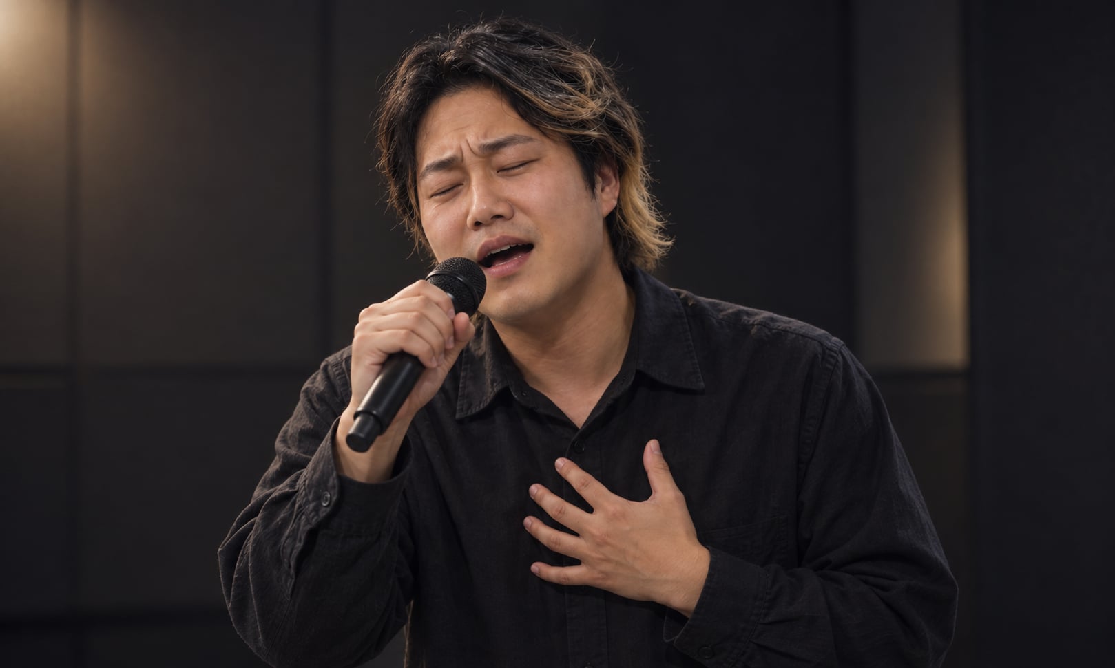 감정을 표현하며 노래하는 김윤민 대표의 연출 이미지