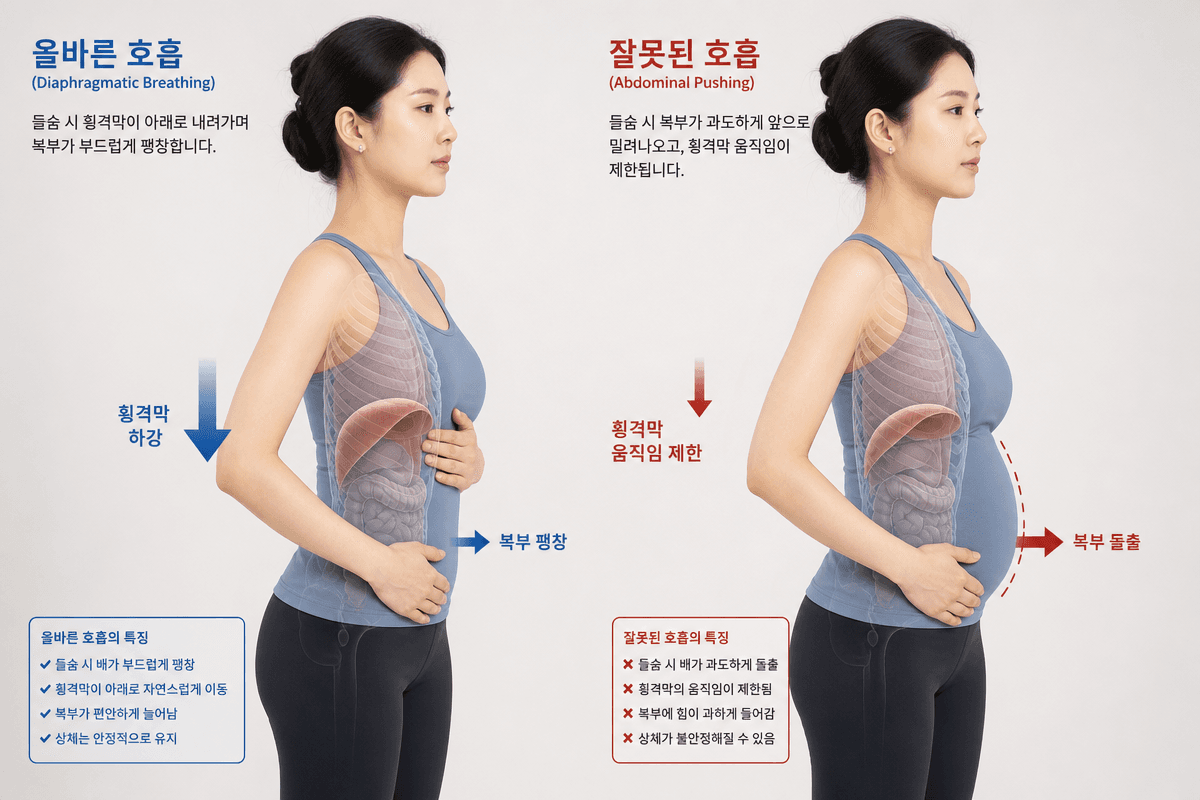 복식호흡 배 나옴 원인을 설명하기 위해 상복부와 하복부 움직임 차이를 손으로 짚는 여성 모습