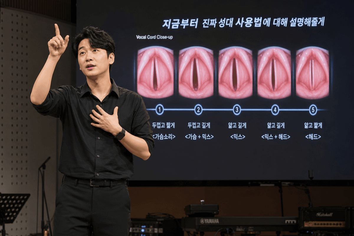 보컬 트레이너가 흉성부터 가성까지 5단계 진성 가성 연결 구조를 설명하는 장면